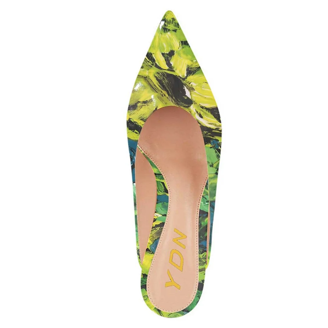 YDN Simple Green Painting Pointed Toe Slip-On Mules for Women