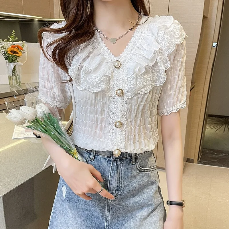 Korean Chic Ruffle Blouse Women Shirt White Chiffon Lace Blouse Sweet V-neck French Vintage Palace Style Short Sleeve Tops 15273