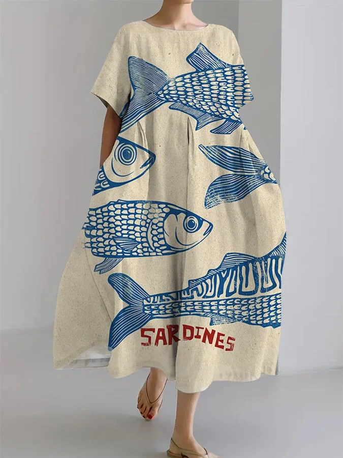 Women's Vintage Fish Art Print Pocket Loose Dress