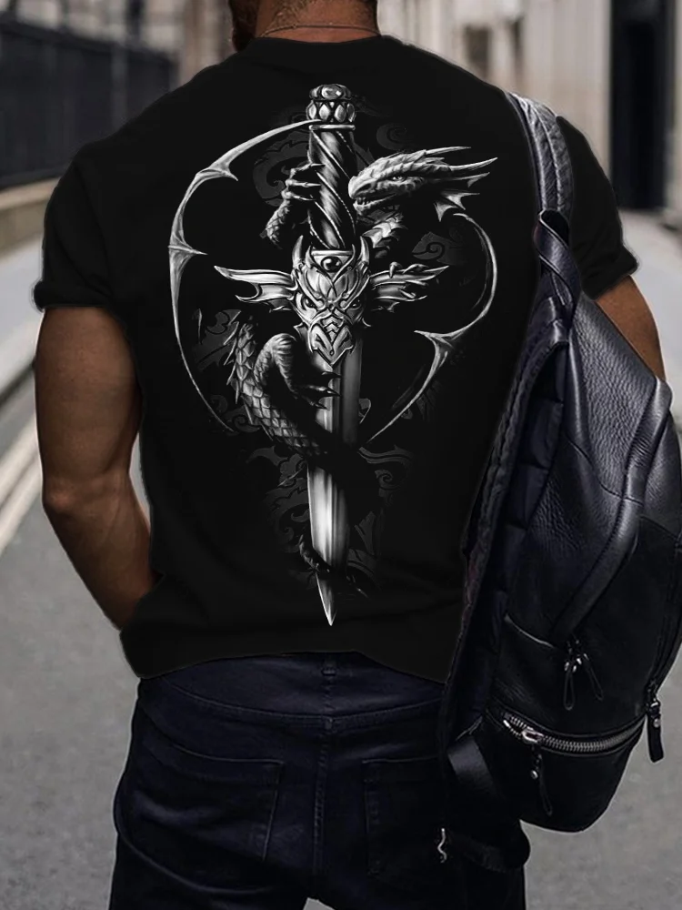 BrosWear Men's Dragon & Sword Art Graphic T Shirt