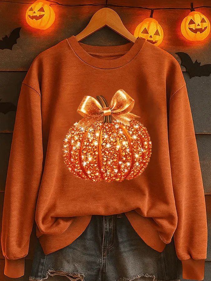Women's Sequin Pumpkin Print Crew Neck Sweatshirt 