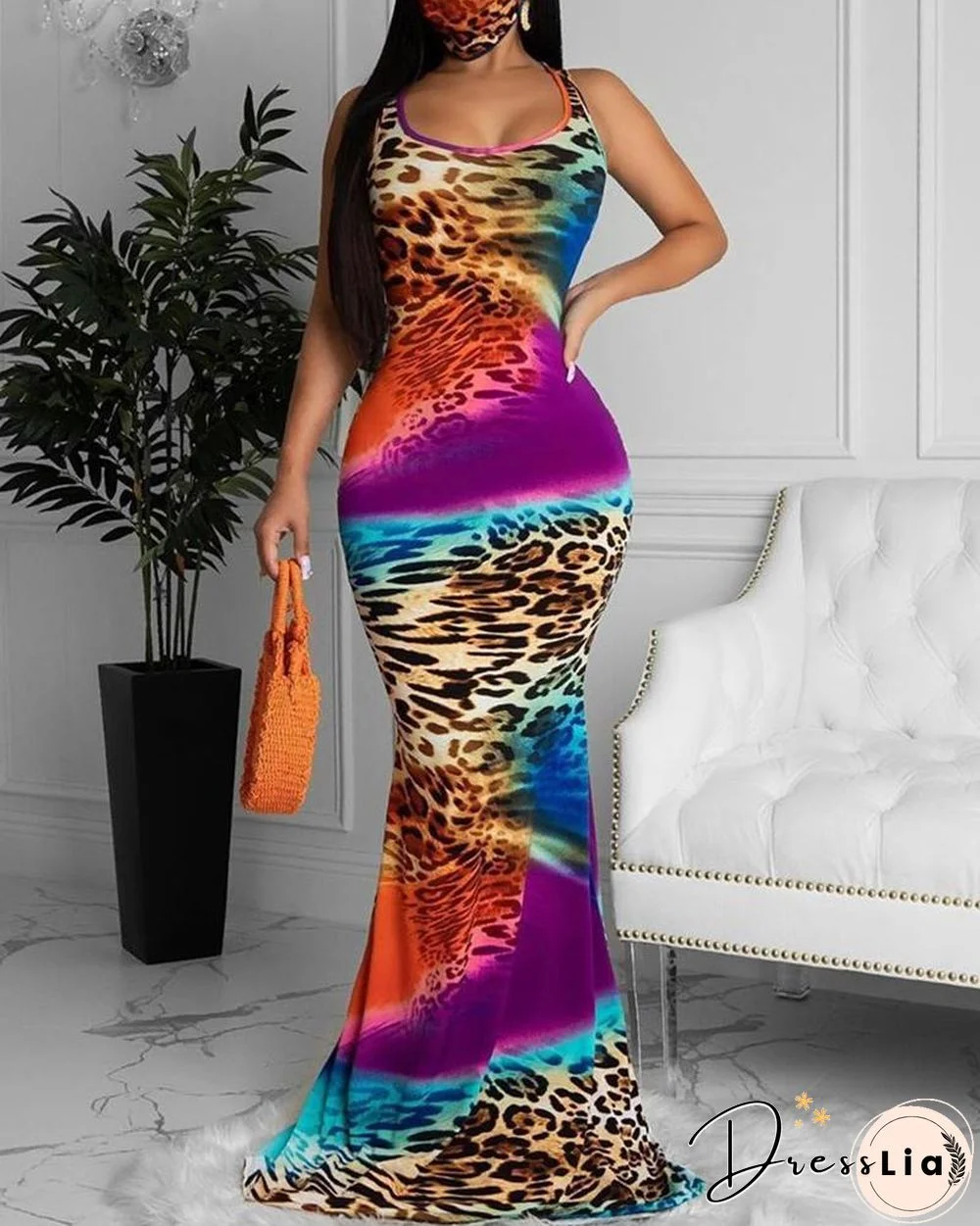 Cheetah Tie Dye Print Mermaid Sleeveless Maxi Dress