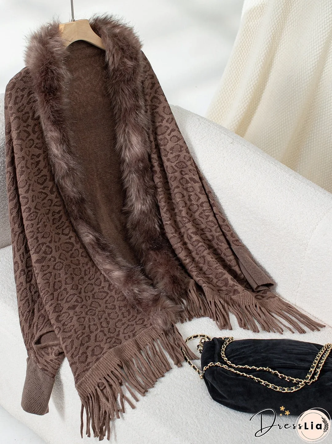 Fringe Leopard Open Front Long Sleeve Poncho