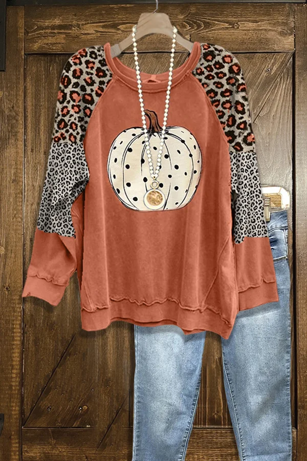 Casual Pumpkin Print Paneled Leopard Sweatshirt