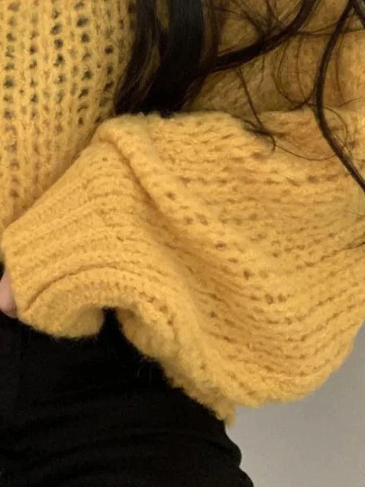 Brownm Cutout Lantern Sleeve Baggy Sweater