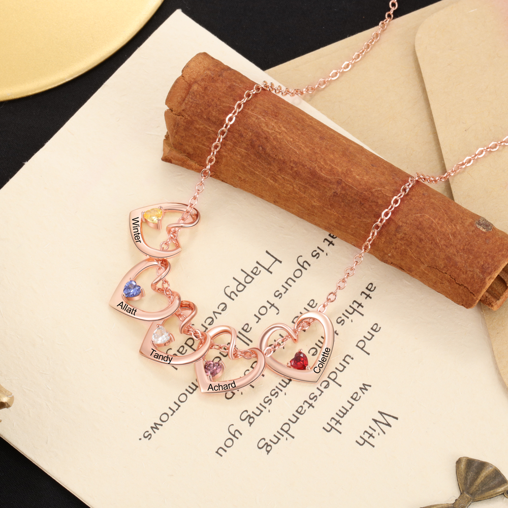 Personalised Heart Pendant Necklace Custom 5 Names & 5 Birthstones Necklace Gifts for Her-Jessemade AU