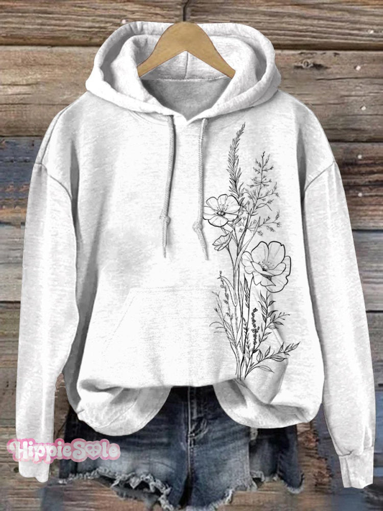 Simple Meadows Floral Graphic Printed Casual Hoodie Sweatshirt Blackwhite / S