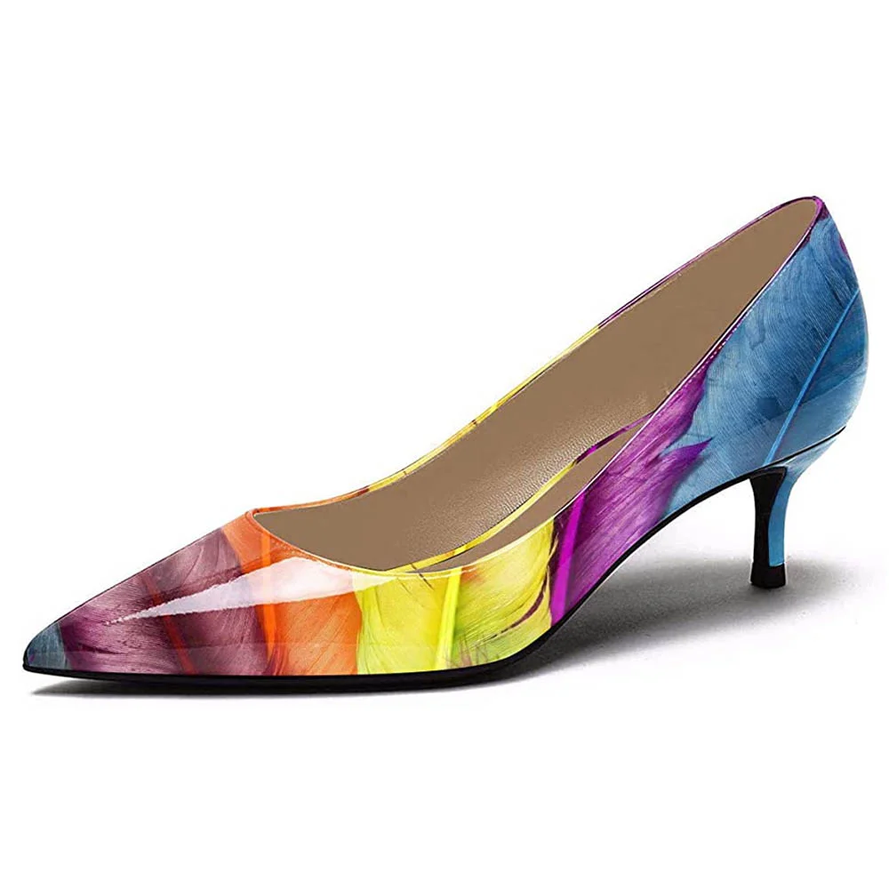Patent Leather Multicolor Feather Print Comfortable 2 Inch Heels