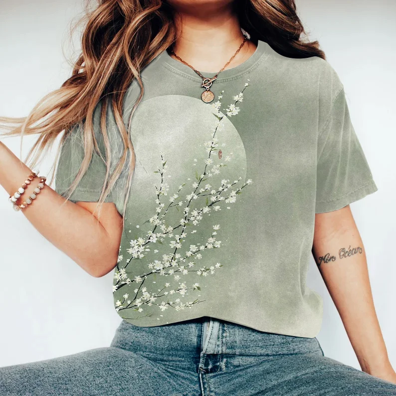 Vintage Japanese Art Floral Round Neck Casual T-Shirt