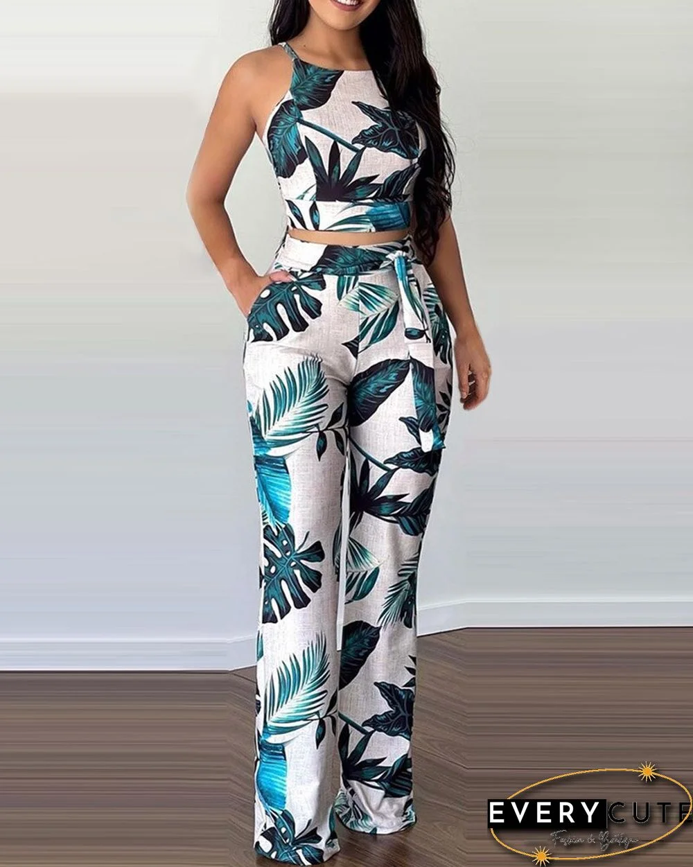 Women Summer Spring Casual Sleeveless Tropical Print Crop Top & Long Pants Set Vacation 2PCS Set