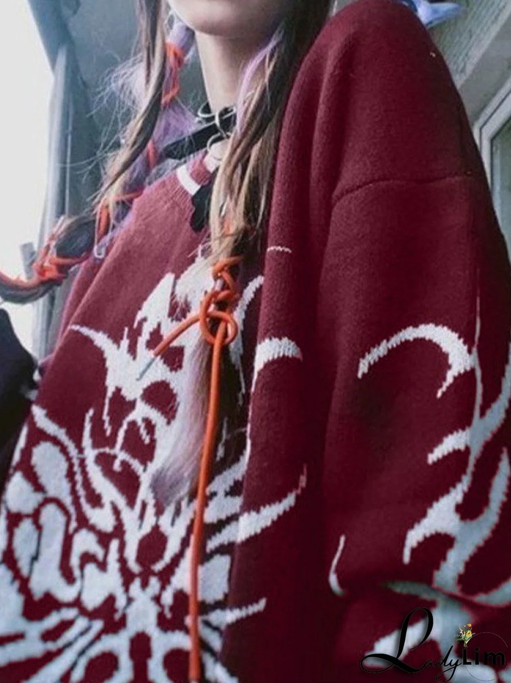 Oversized V Neck Jacquard Pullover Sweater