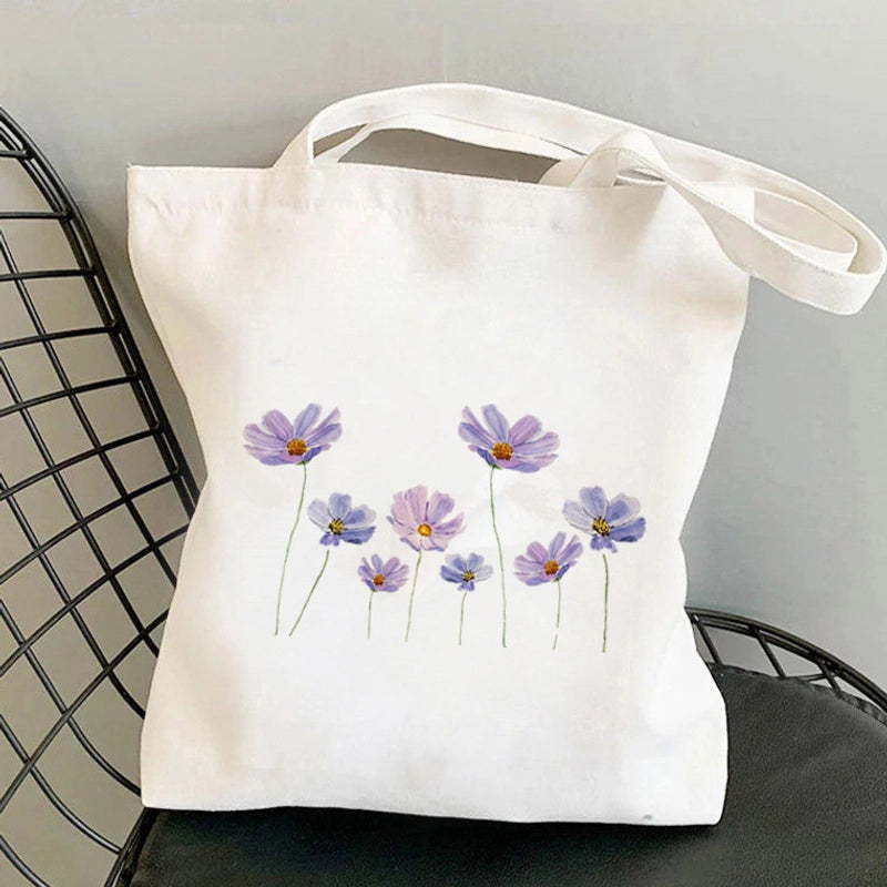 Women’s Medium Canvas Flower Basic Classic Style Square Open Canvas Bag