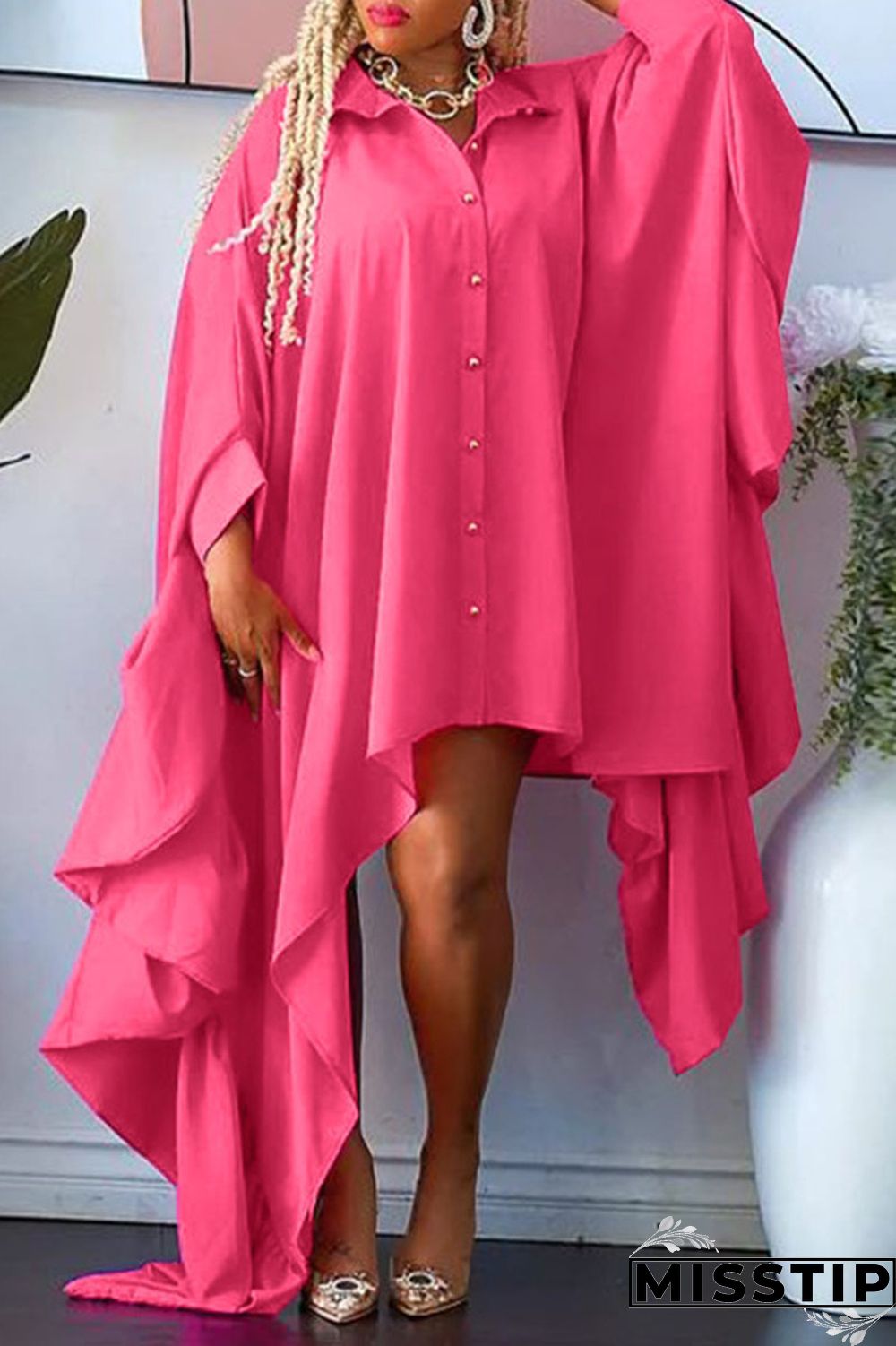 Green Casual Solid Patchwork Buckle Asymmetrical Turndown Collar Irregular Dress Plus Size Dresses