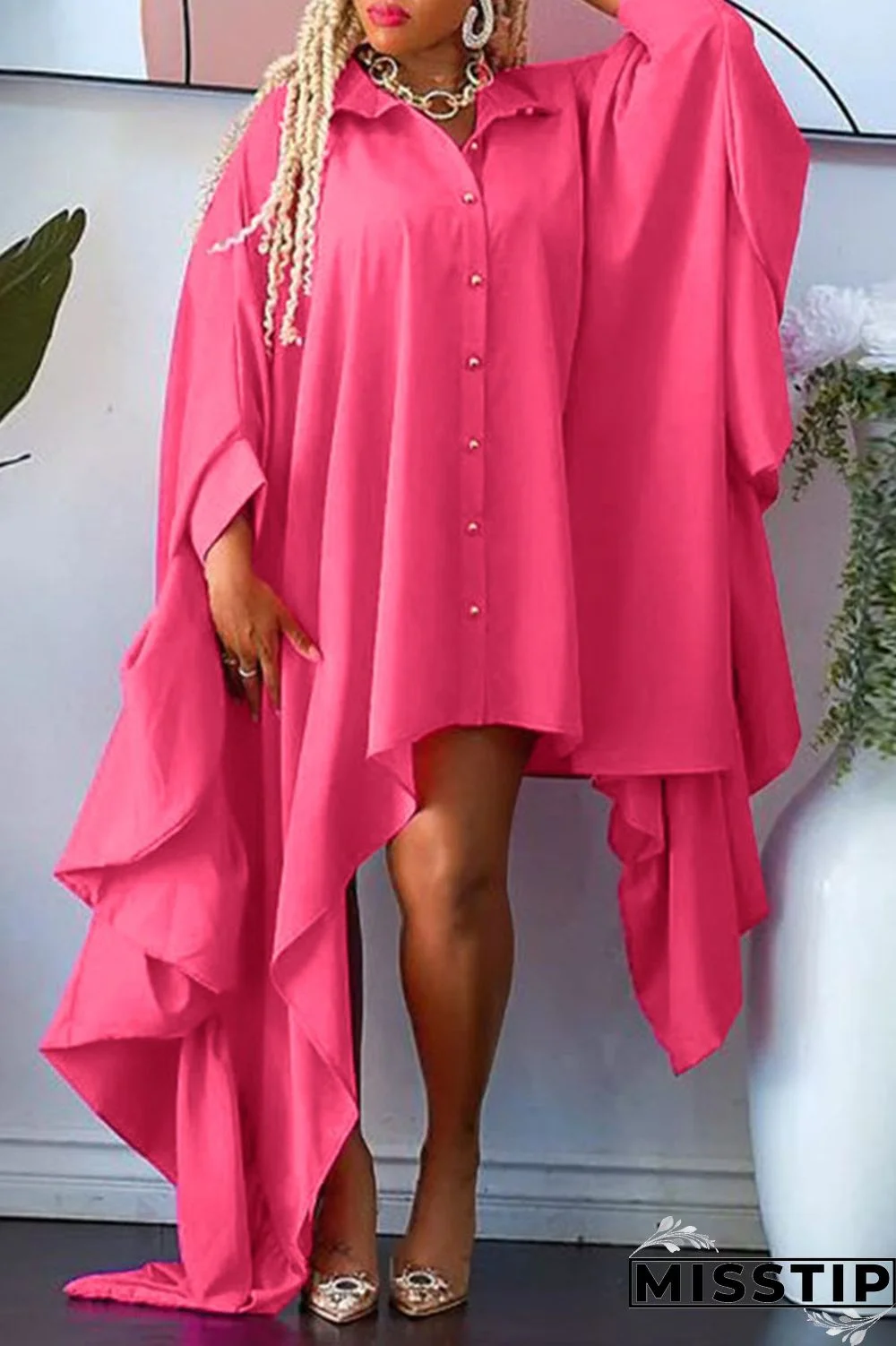 Green Casual Solid Patchwork Buckle Asymmetrical Turndown Collar Irregular Dress Plus Size Dresses