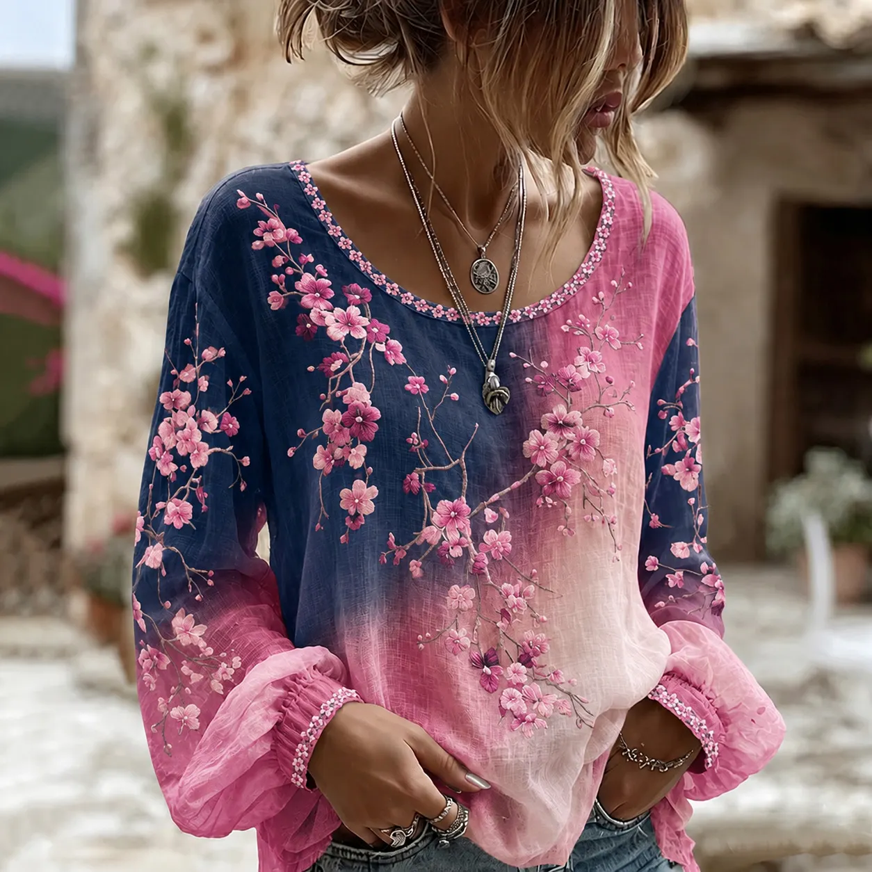 Women's Retro Sakura Gradient Art Round Neck Long Sleeve T-shirt artswardrobe