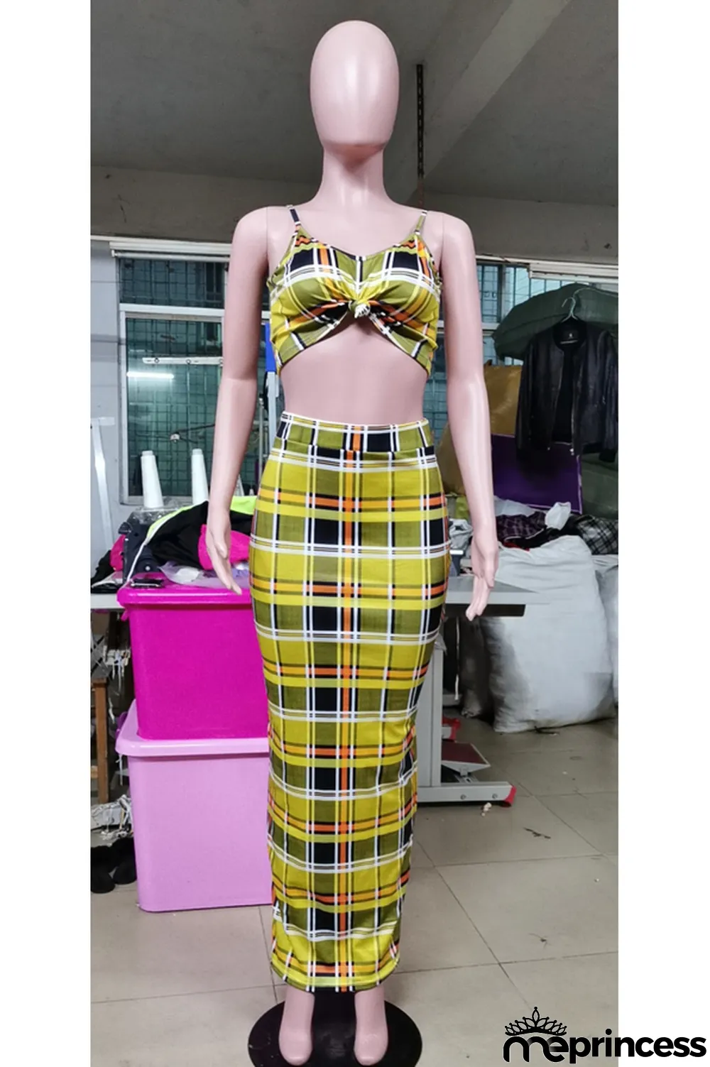 Blue Sexy Plaid Print pencil Sleeveless Two Pieces