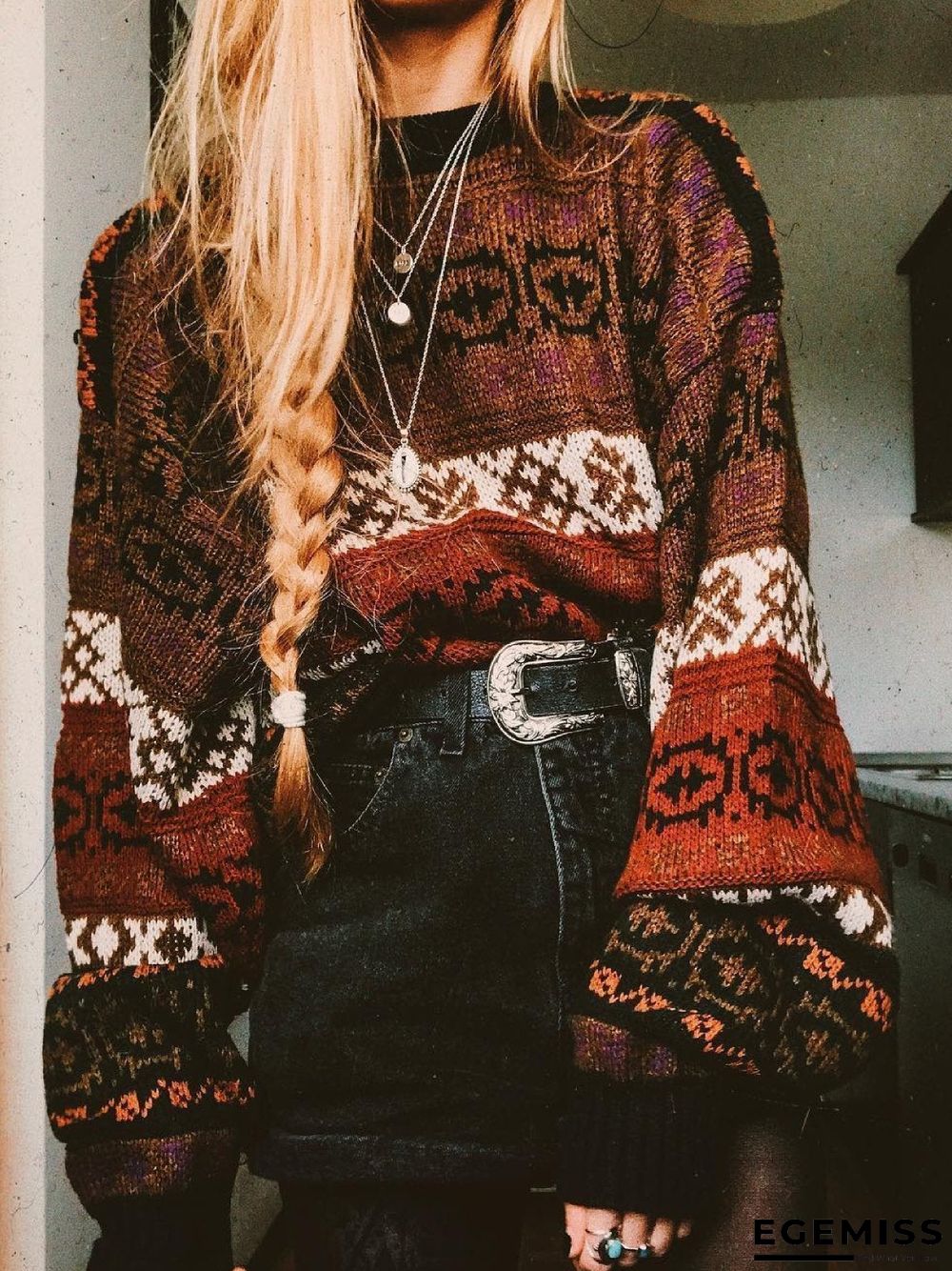 Boho Floral Knitted Shift Sweater | EGEMISS