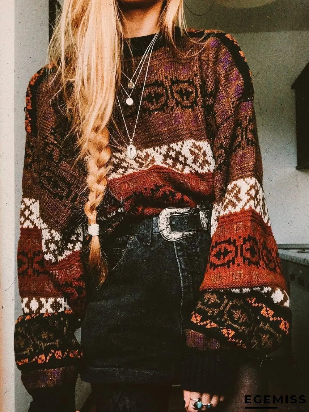 Boho Floral Knitted Shift Sweater | EGEMISS