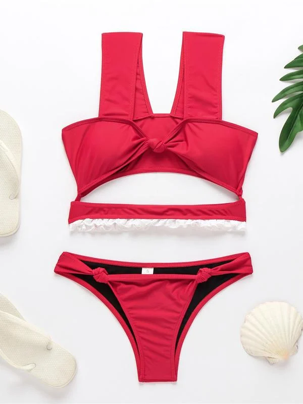 Lace Hollow Knotted Split Bikini Swimsuit