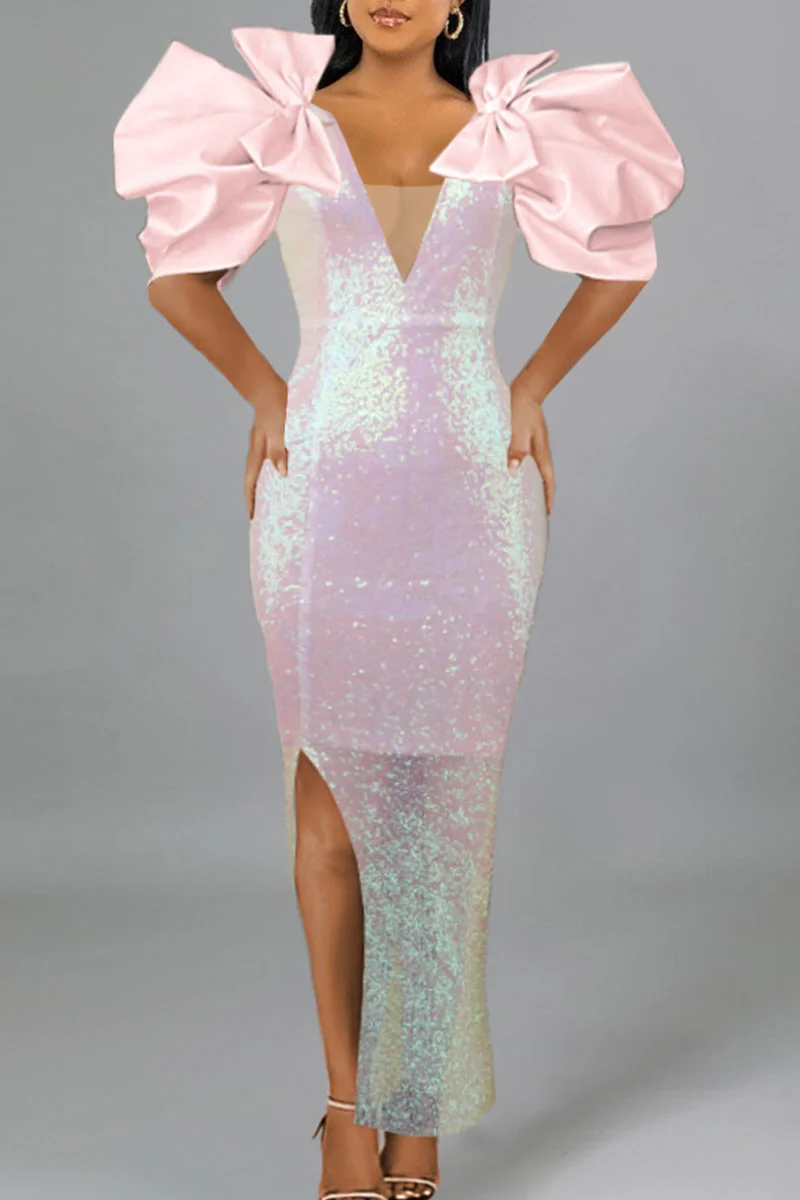 Pink Celebrities Elegant Solid Patchwork With Bow V Neck Evening Dress Dresses | EGEMISS