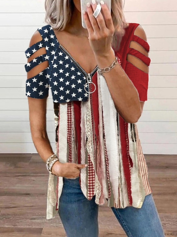 Comstylish Boho American Flag Lace Fringe Fiber Art T Shirt