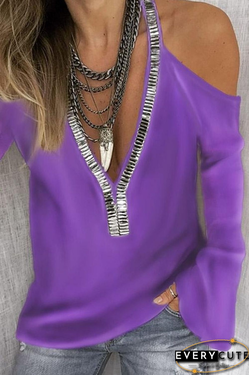 Plus Size S-5XL Autumn and Spring Women Fashion Blouse Casual Sequin Deep V-Neck Off Shoulder Long Sleeve Tops