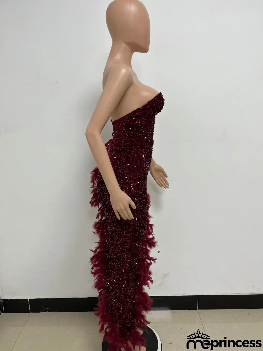 Women Sexy Off Shoulder Backless Sequin Feather Dress