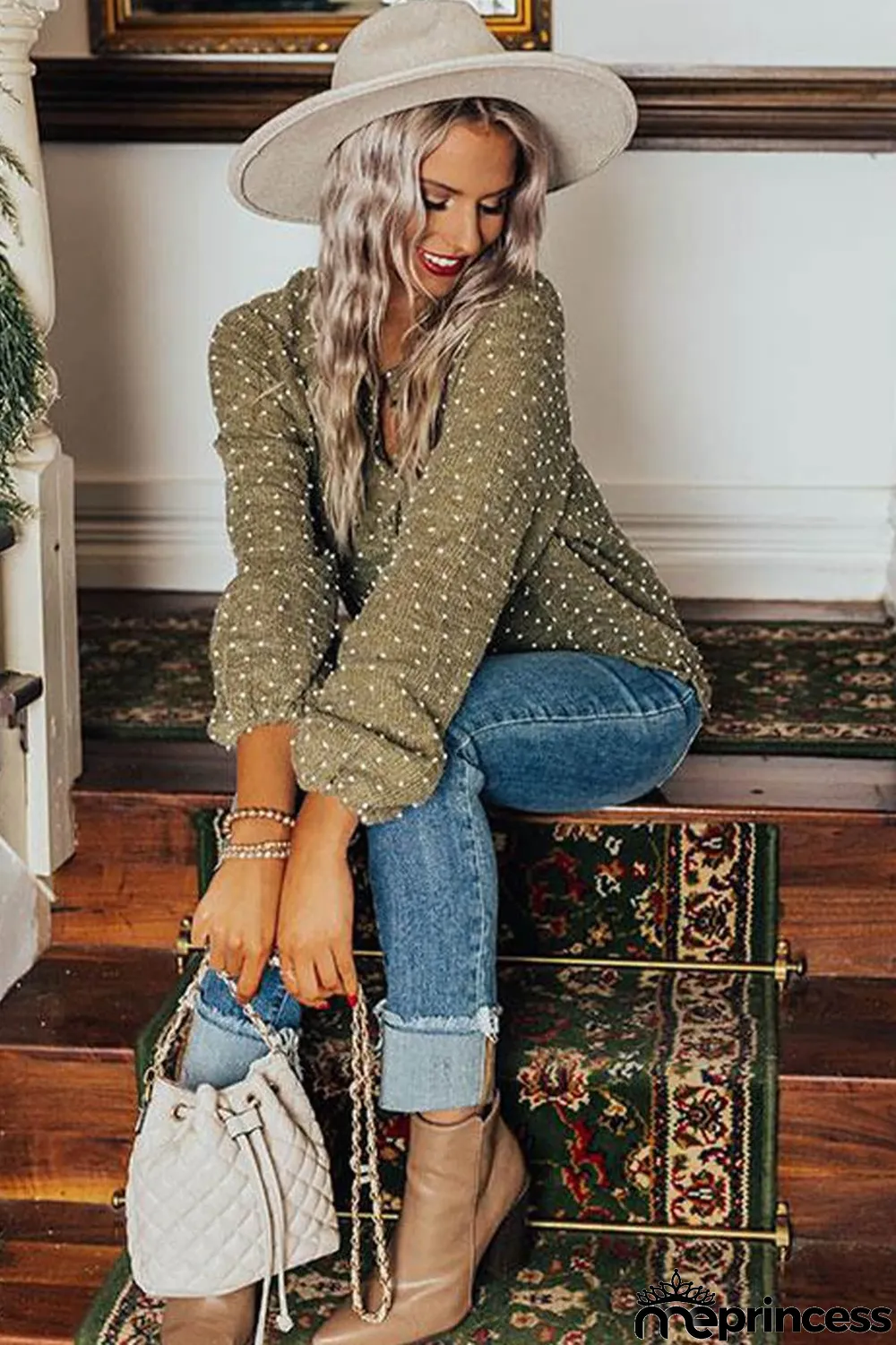 Green Swiss Dot Raglan Sleeves Knit Top