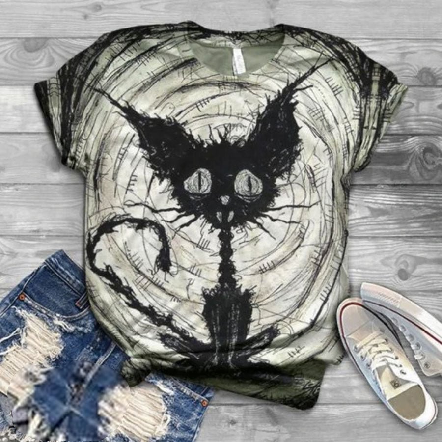 Cat Print Cotton T-shirt