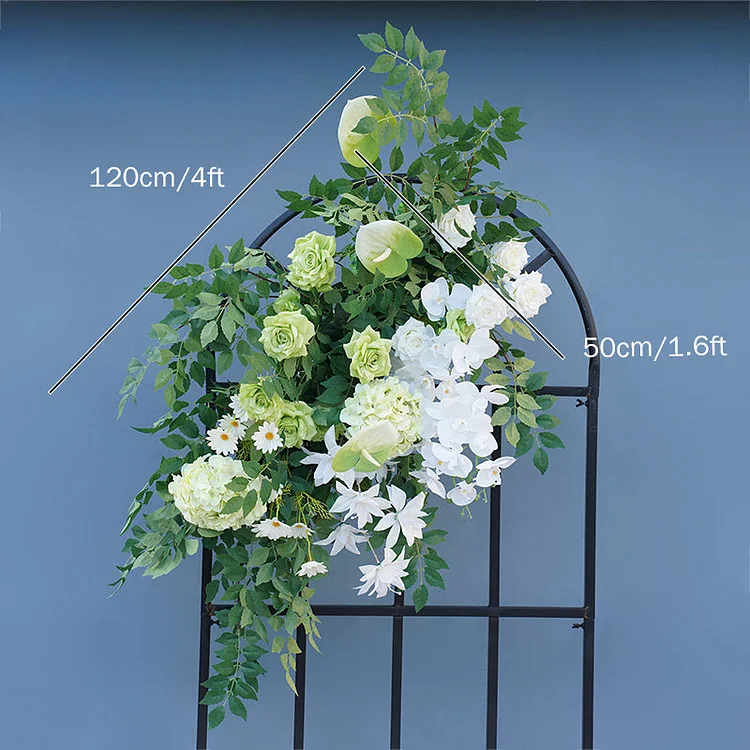 A7840 White Rose Green Leaves Flower Row Decor Wedding Backdrop Horn Arch