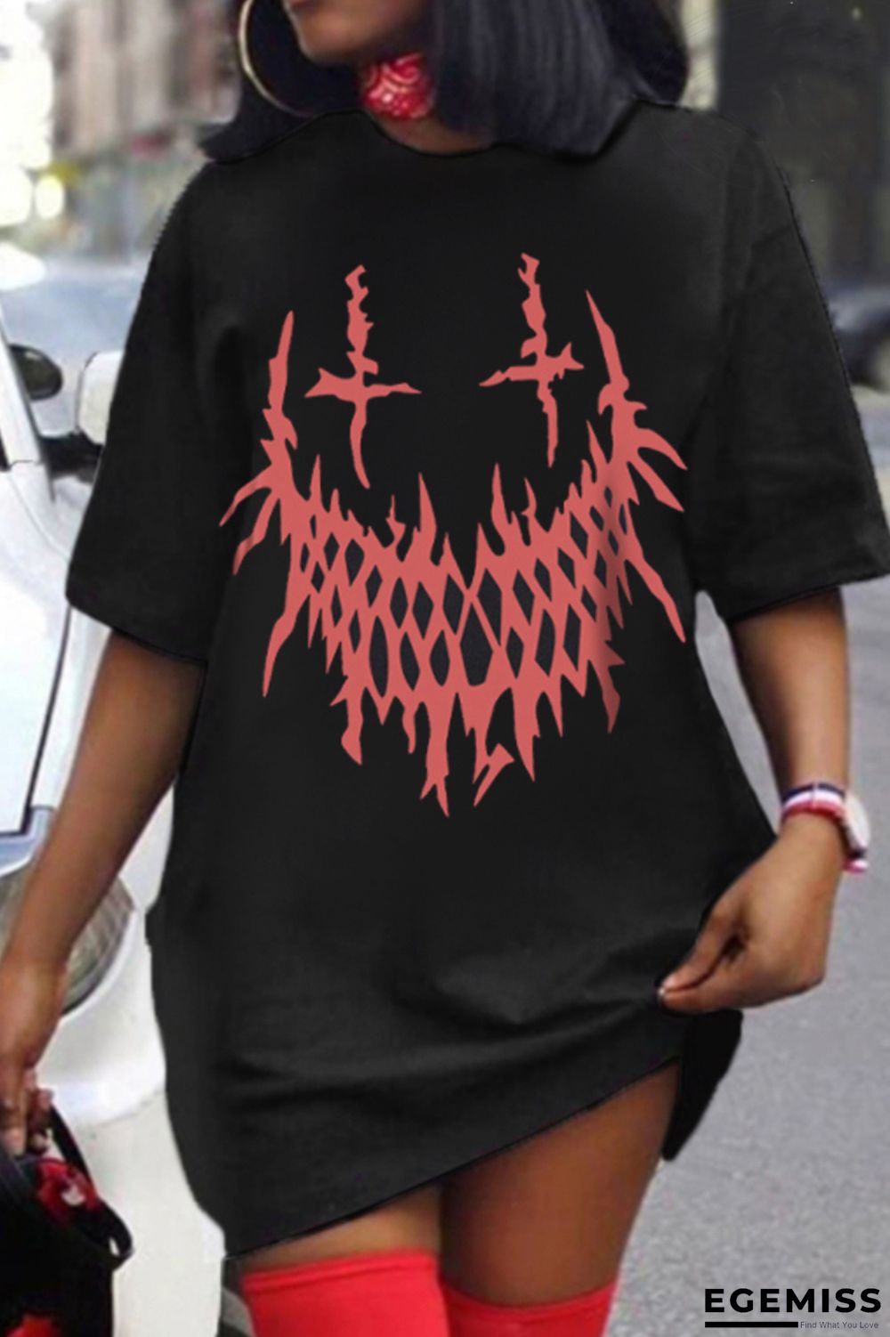 Black Fashion Casual Print Basic O Neck T-shirt Dress Dresses | EGEMISS