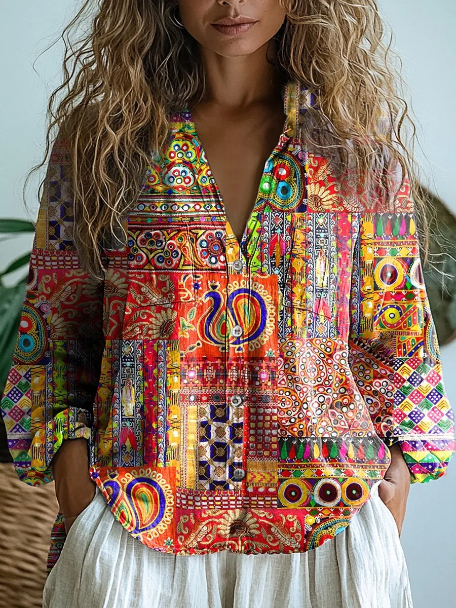 Colorful Collage Pattern Printed Women's Casual Long Sleeve Comfortable Cotton Shirt
