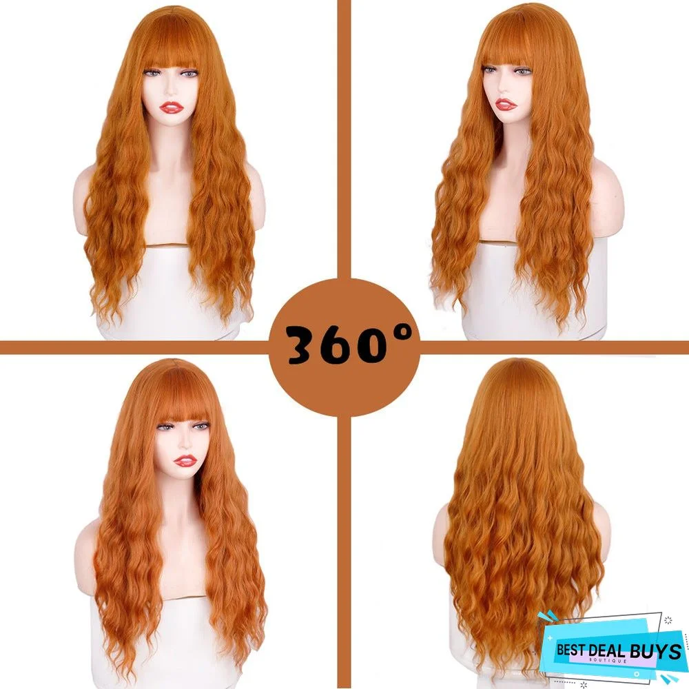 Qi Bangs Long Curly Wavy Chemical Fiber Wig Head Cover