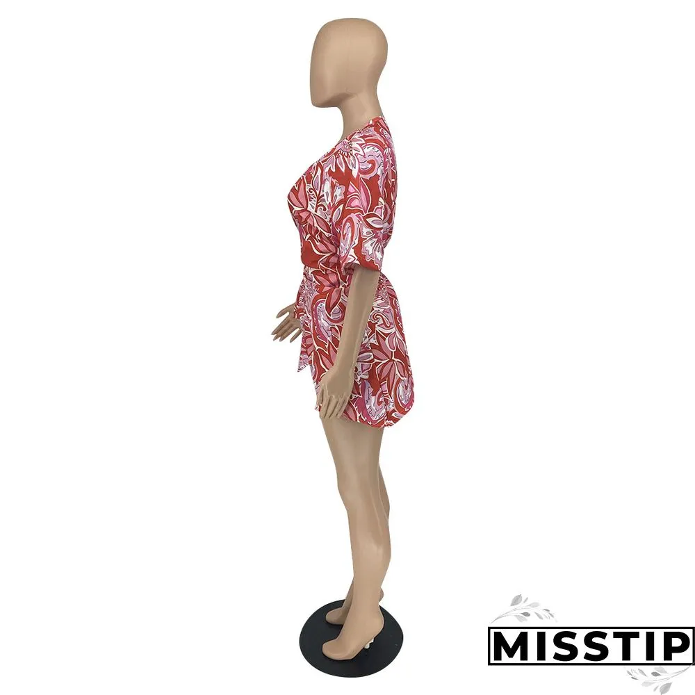 Summer Sexy Women Print Floral Short Sleeve Neck Lace Shirt Line Beach Party Mini Dress ##