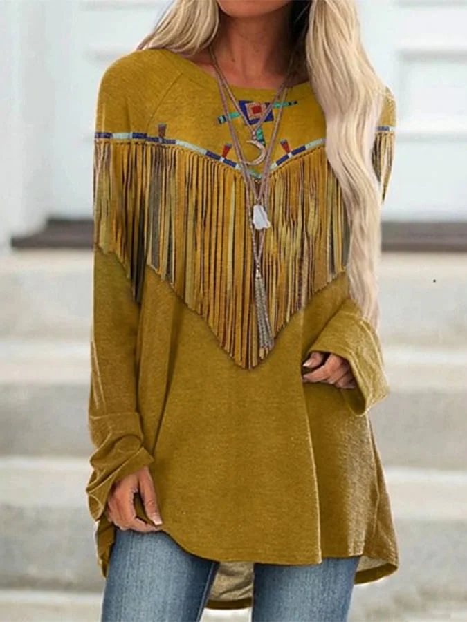 Western Fringed Print Long-Sleeved Track Top