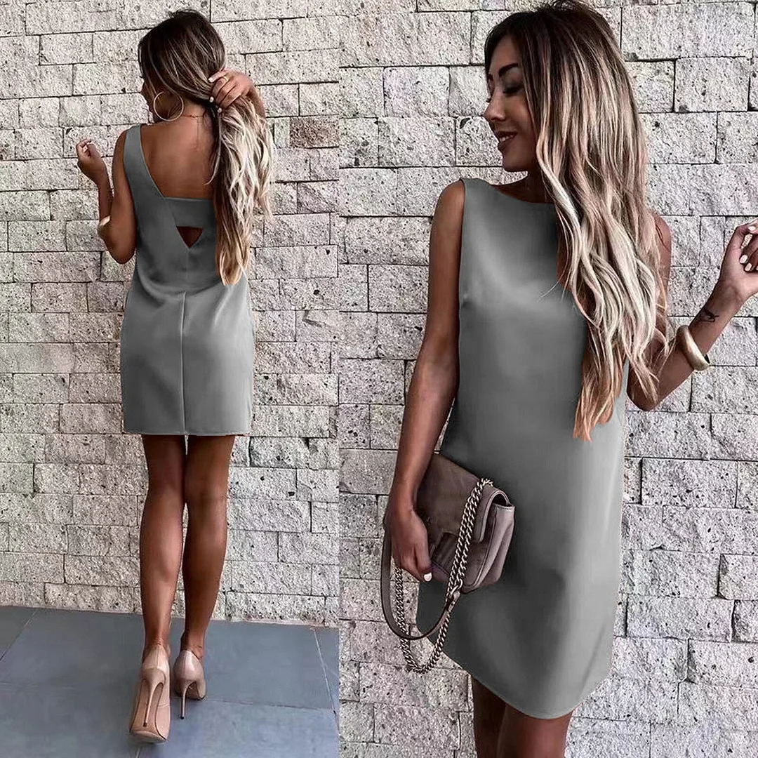 Fashion Solid Summer Dress Sexy O-Neck Backless Casual Office Work Dress Sleeveless Short Bodycon Evening Party Dress Women