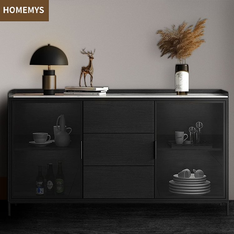 Homemys Black Sideboard Buffet Doors&Drawers Stone Top Modern Bar Wine Cabinet