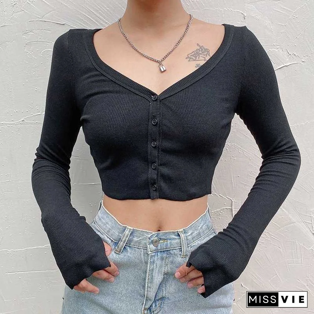 Casual Ribbed Off The Soulder Cropped Button Up Knit Tops For Ladies