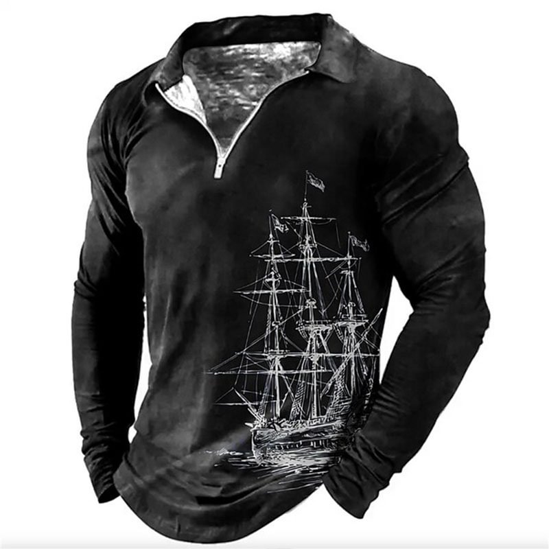 Men's Retro Black Pearl Printed V Neck Long Sleeve Outdoors Shirt   