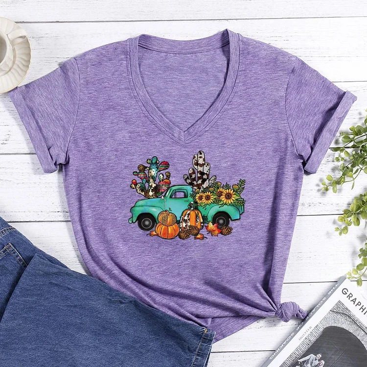 Pumpkin Cactus Fall Truck V-neck T Shirt-Annaletters