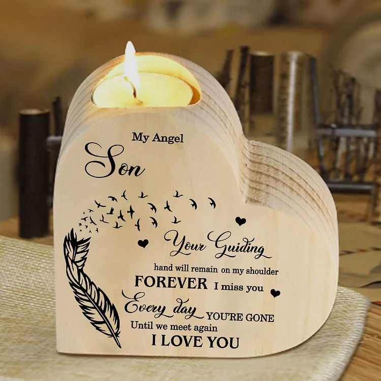My Angel Son Wooden Heart Candle Holder Memorial Candlesticks "Until we meet again"