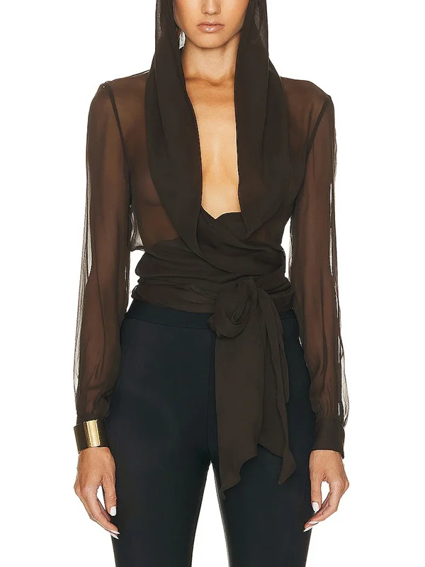 Pleated See-Through Solid Color Tied Waist Long Sleeves Loose Hooded Blouses&Shirts Tops
