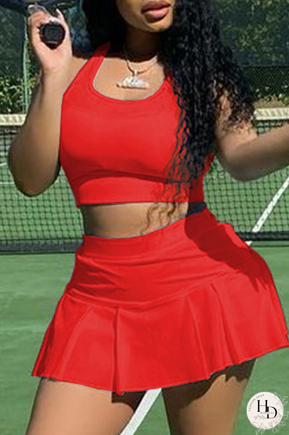 Red Casual Sportswear Solid Basic U Neck Sleeveless Two Pieces