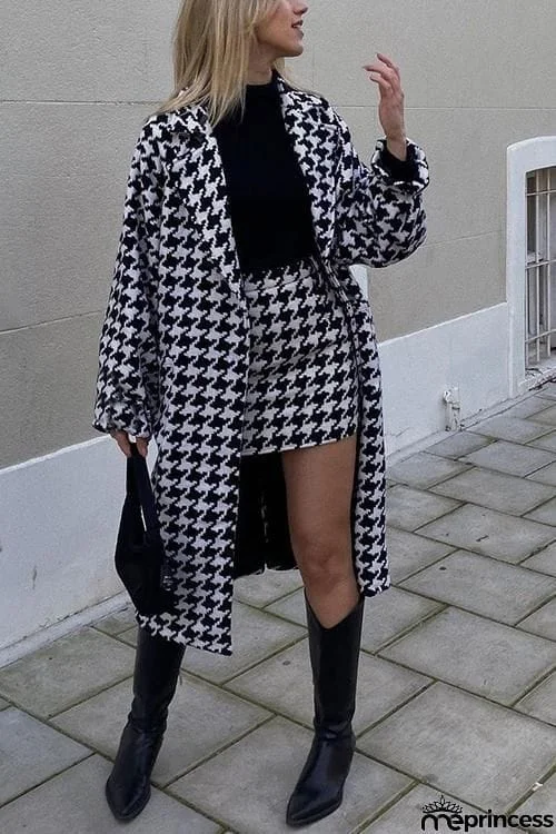 Houndstooth Lapel Woolen Coat