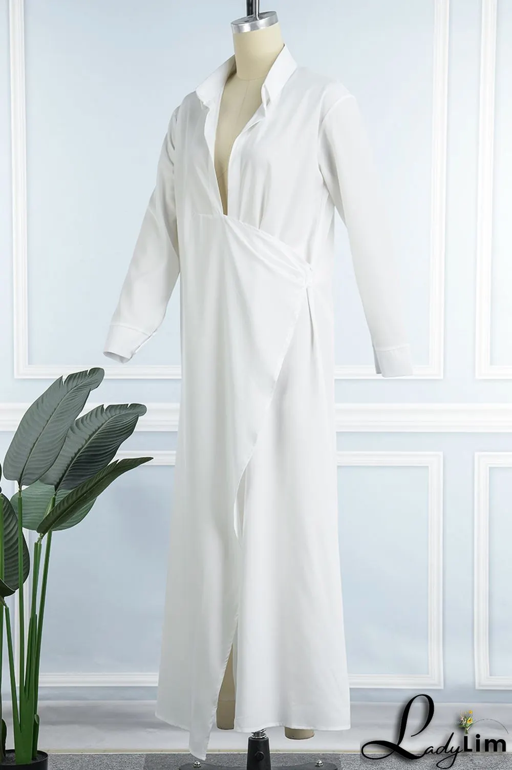 Green Sexy Patchwork Slit Turndown Collar Long Dress Dresses