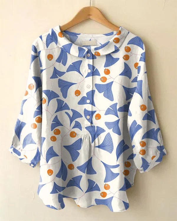 Vintage Long Sleeve Cute Peter Pan Collar Lace Ginkgo Print Shirt
