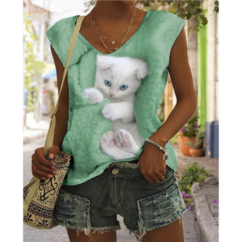 Fashion Print Sexy V Neck Loose Sleeveless Top T-Shirts