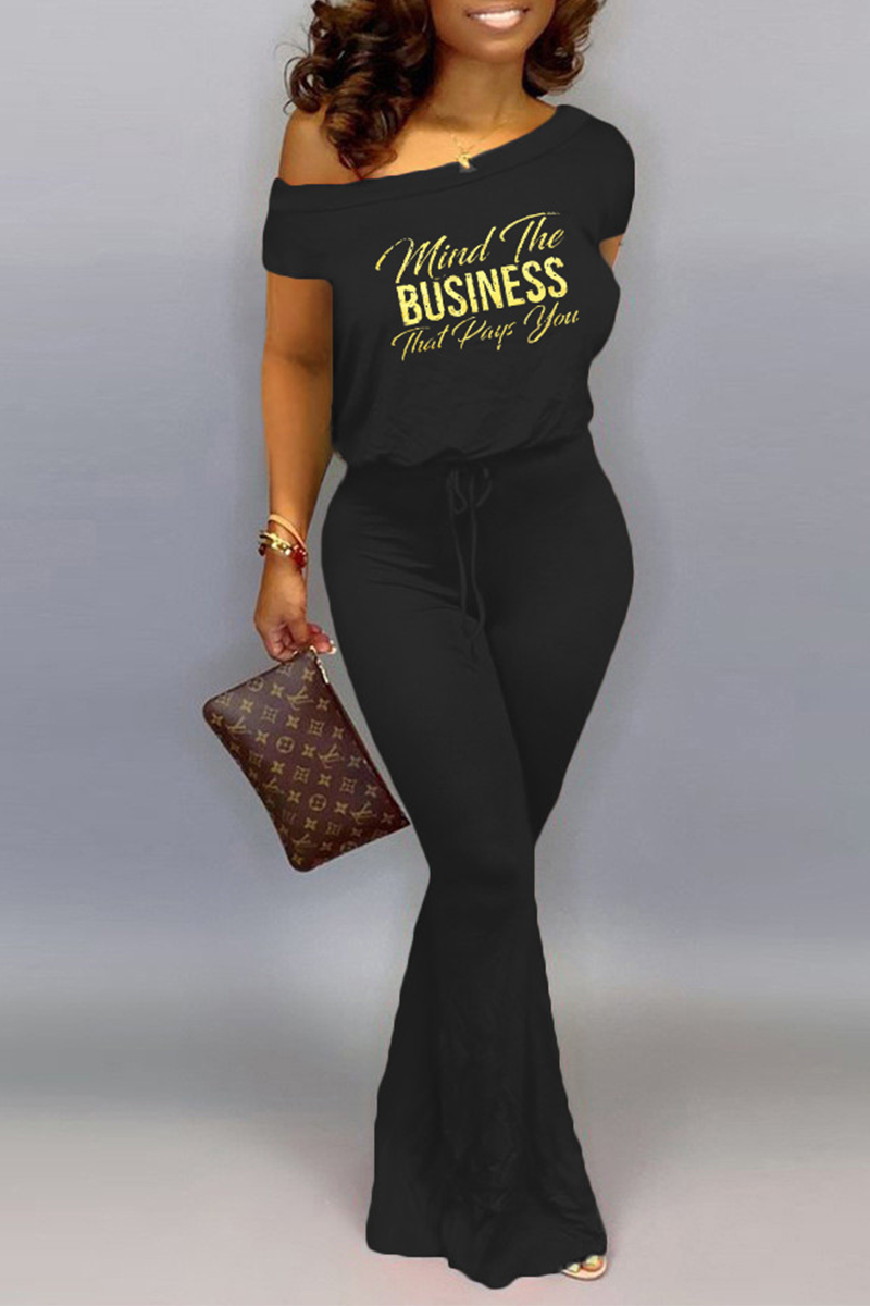 Casual Print Split Joint One Shoulder Boot Cut Jumpsuits
