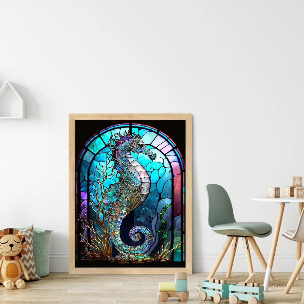 14CT Full Stamped Cross Stitch - Stained Glass Hippocampus(Canvas|50*65CM)