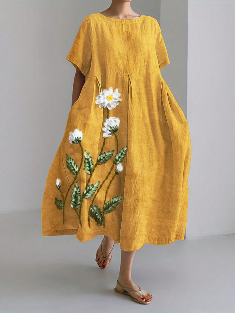 Cottage Daisies Satin Embroidered Linen Blend Maxi Dress artswardrobe